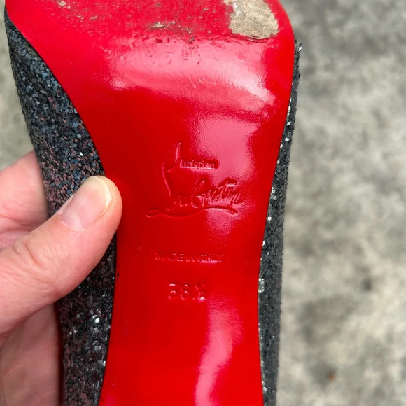 Christian Louboutin Metallic Grey Glitter Very Prive Peep Toe Pumps, Size 38.5 - Picture 11 of 16